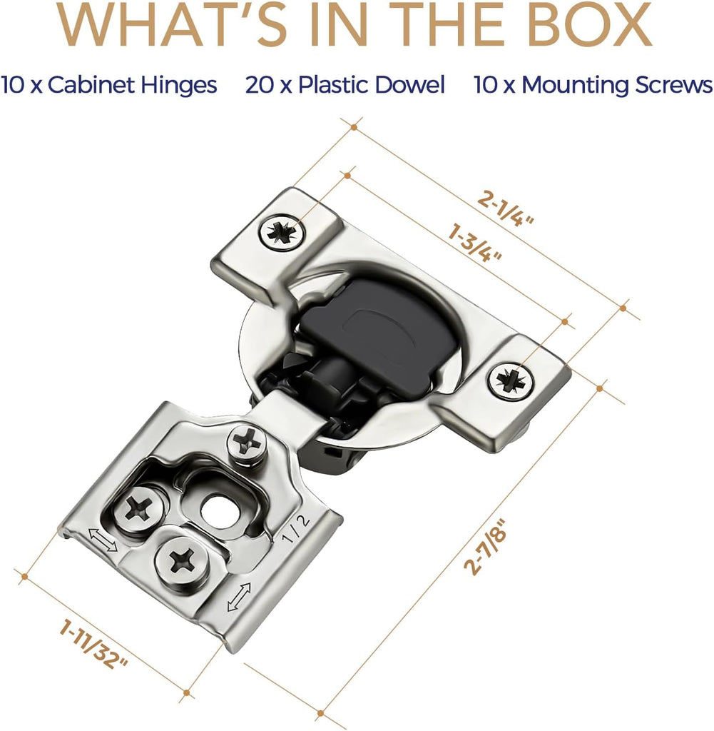 10 Pack 5 Pairs 1/2 inch Overlay Soft Close Hinges Hinges Satin Nickel Hidden Hinges Stainless Steel Concealed Hinge