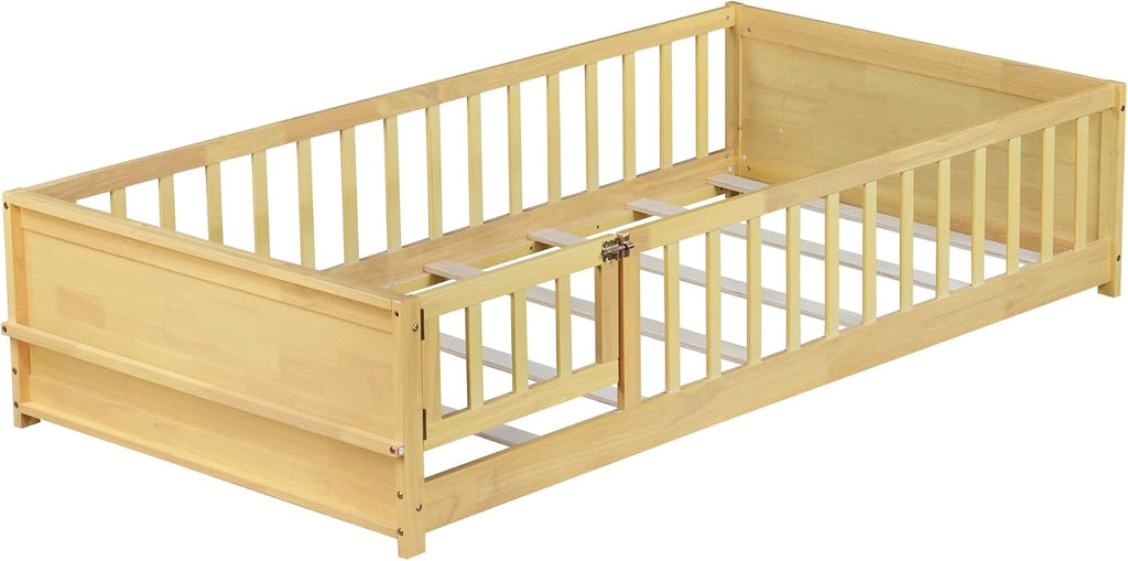 Montessori Floor Bed with Side Bookshelf, Natural, With Door