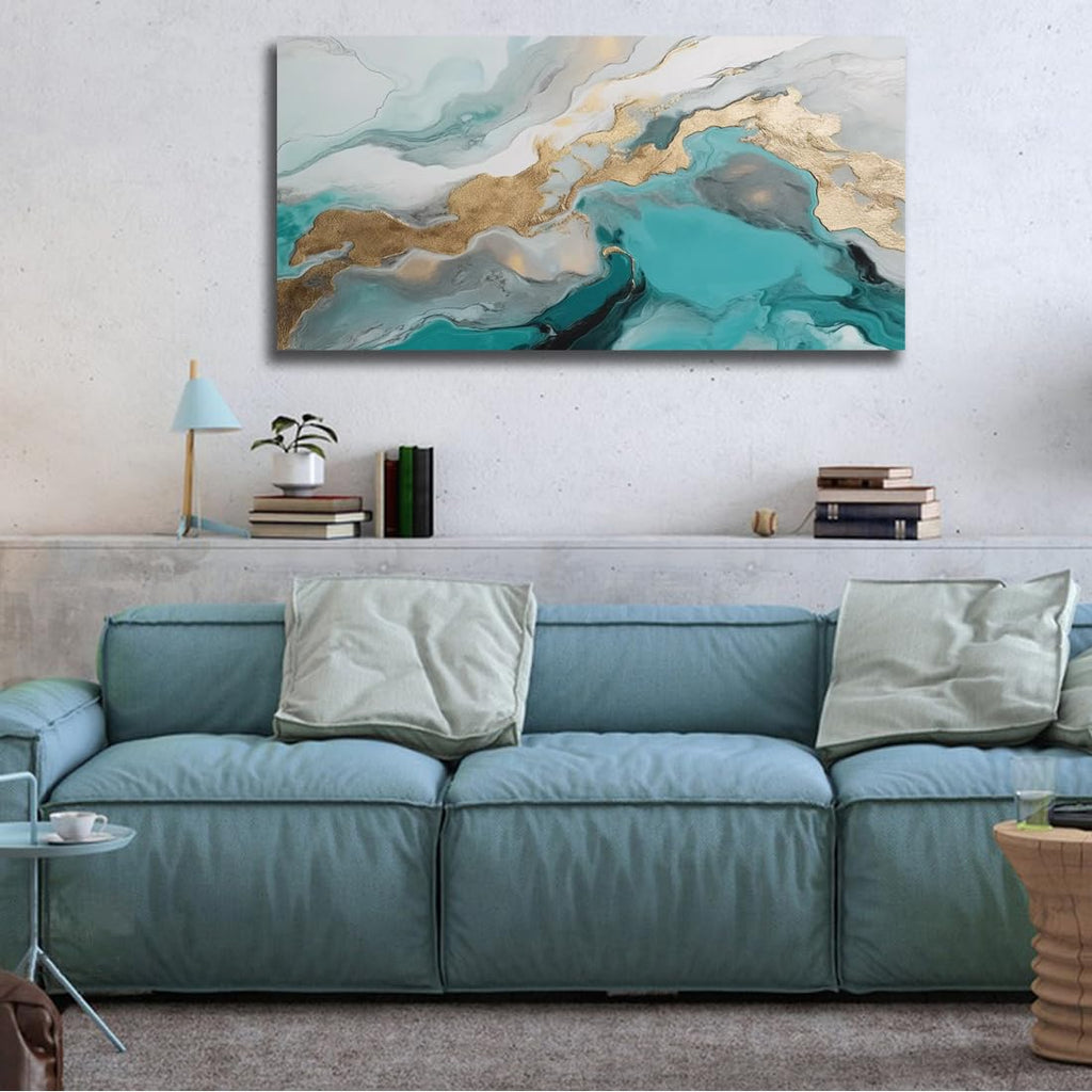 Large Abstract Teal Gold Canvas Wall Art Prints