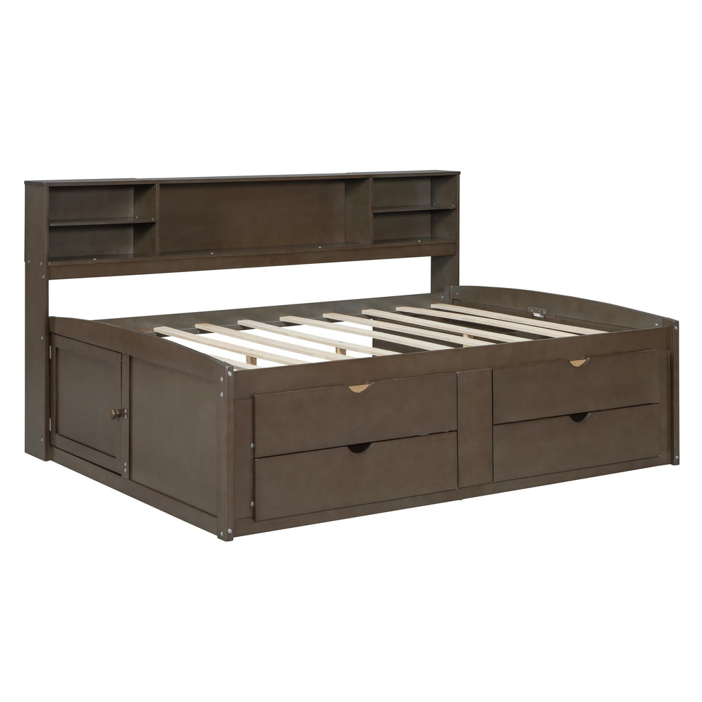 Full Size Solid Wood Daybed with Storage Drawers, Antique Brown