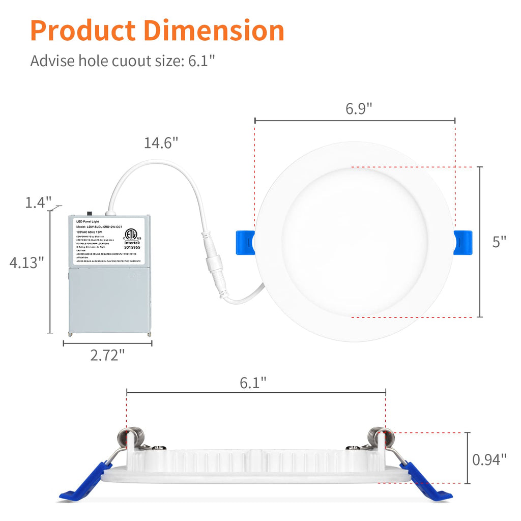 6 Pack 6 Inch 5CCT LED Recessed Lighting with Night Light, White