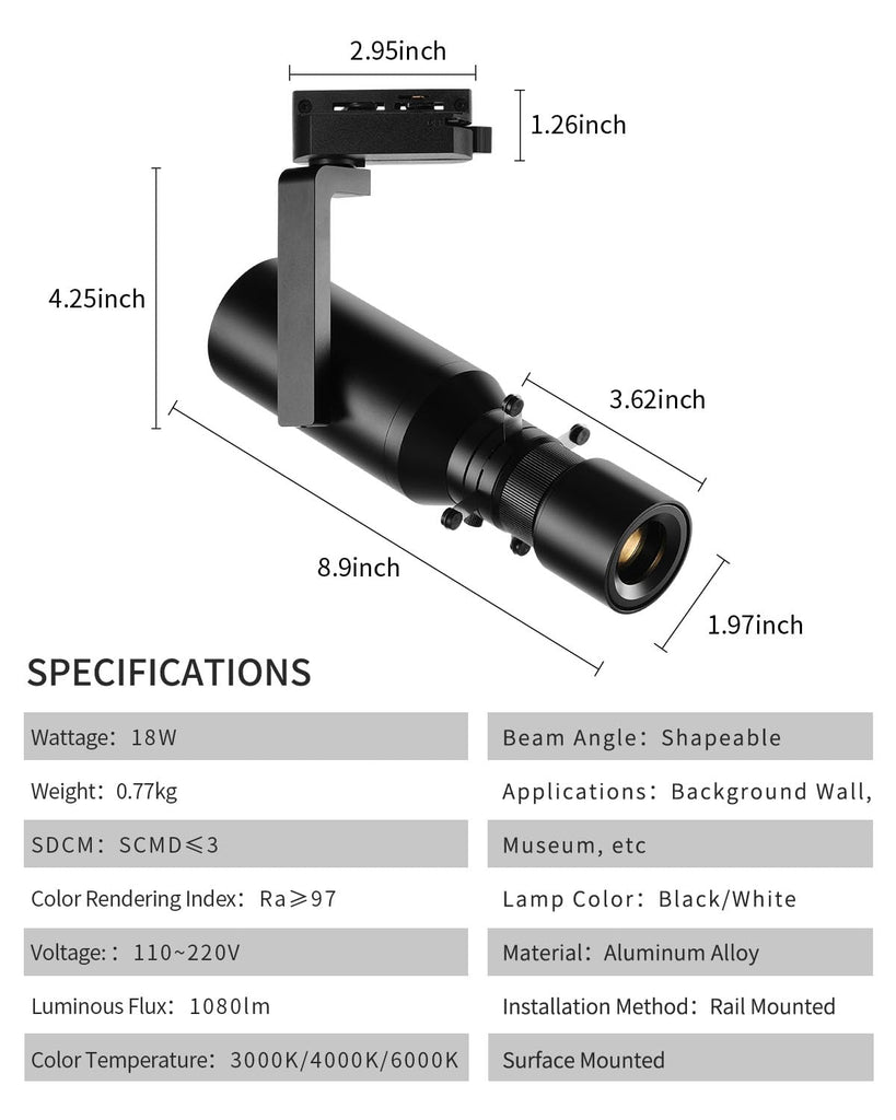 LED Lighting Heads, Spot Light Indoor, 18W Shapeable Light, Track Light Adjustable Aperture Shape for Museum Art