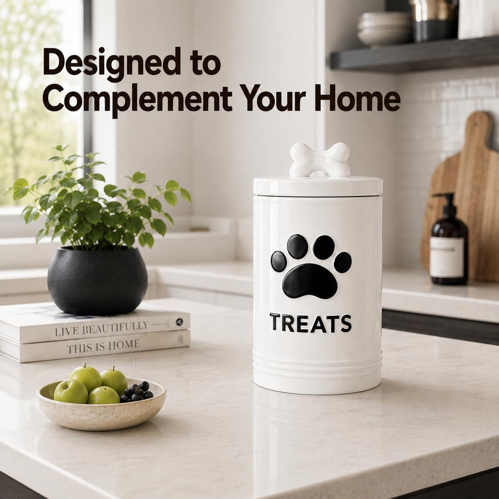 White Dog Treat Container, 5.3''×9.1'', with Airtight Lid, 7 Cups Capacity