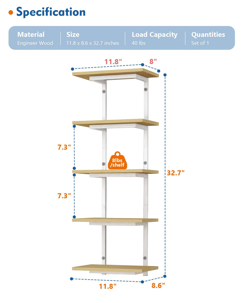 White and Natural Tiered Wall Shelf Unit, 5 Tier Display Floating Shelves, Deep Hanging Wall Shelving Unit Plants TV