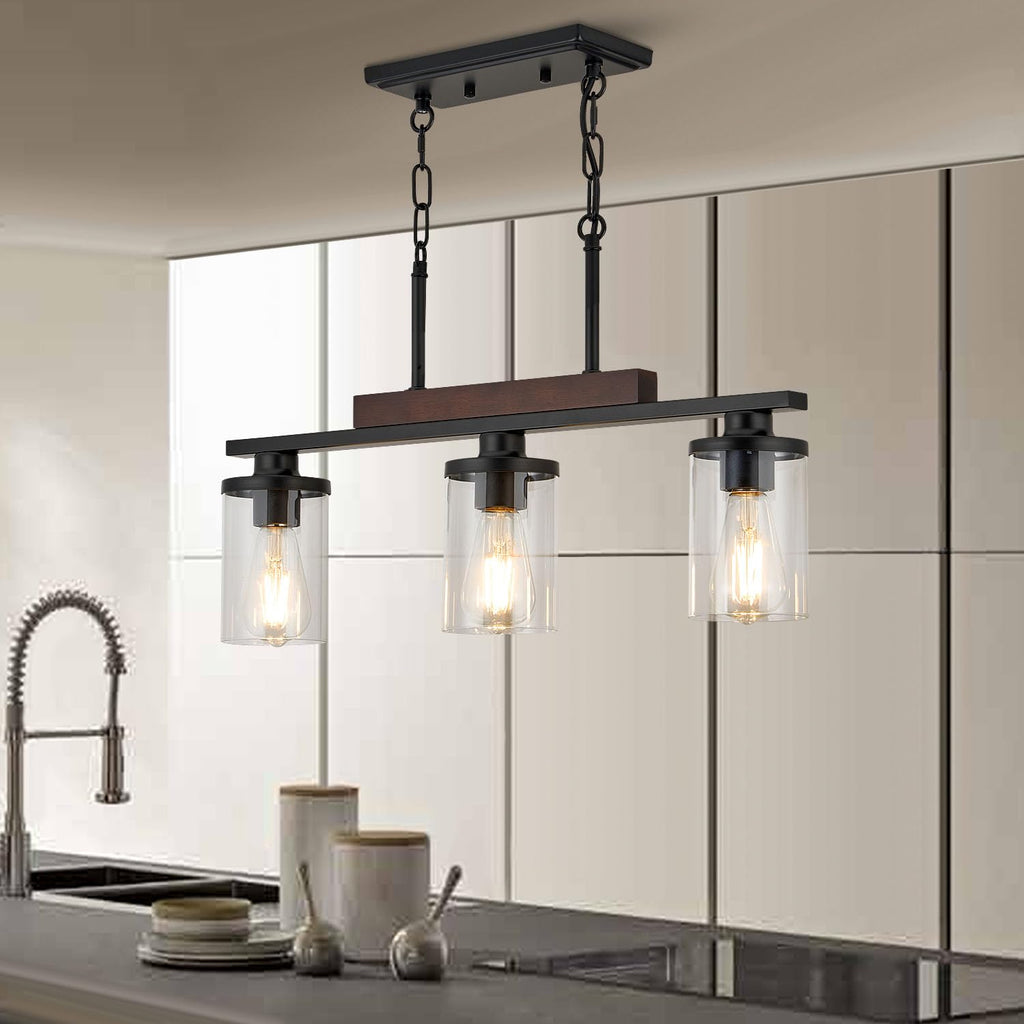 Wood Island Light /Restaurant,3-Light Farmhouse Dining Room Fixture/Chandelier Over Table/Bar,Matte Black Industrial