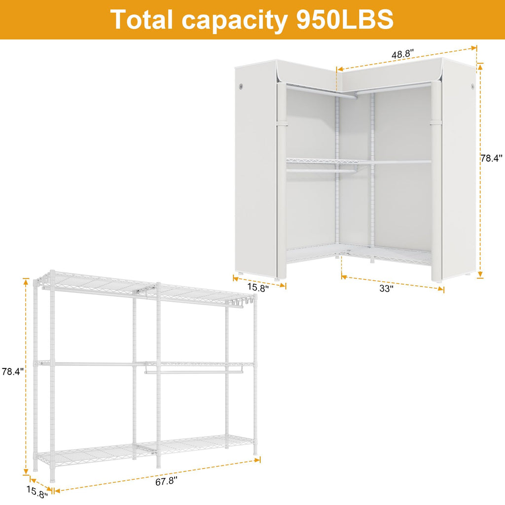 E15C Pro Garment Rack L Shaped Clothes Rack for Corner,Freestanding Clothing Racks for Hanging Clothes,Heavy Duty