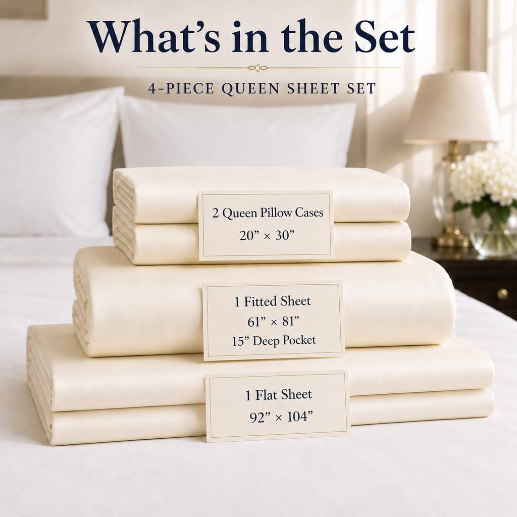 Queen Sheets - 800 Thread Count 4 PC Egyptian Cotton Luxury Bedding - Ivory