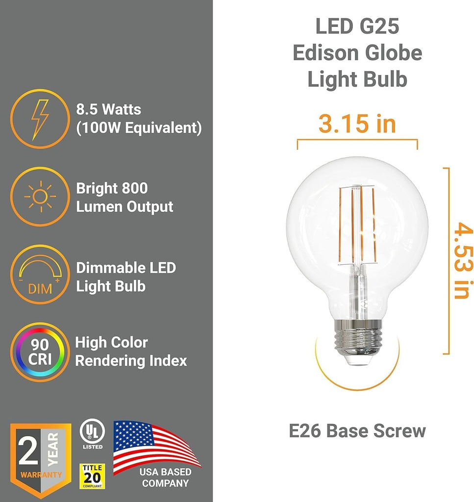 G25 Globe Light Bulbs Vintage Edison Filament Round Clear Glass 8.5W (100W Equivalent) 800 Lumens E26 Medium Base