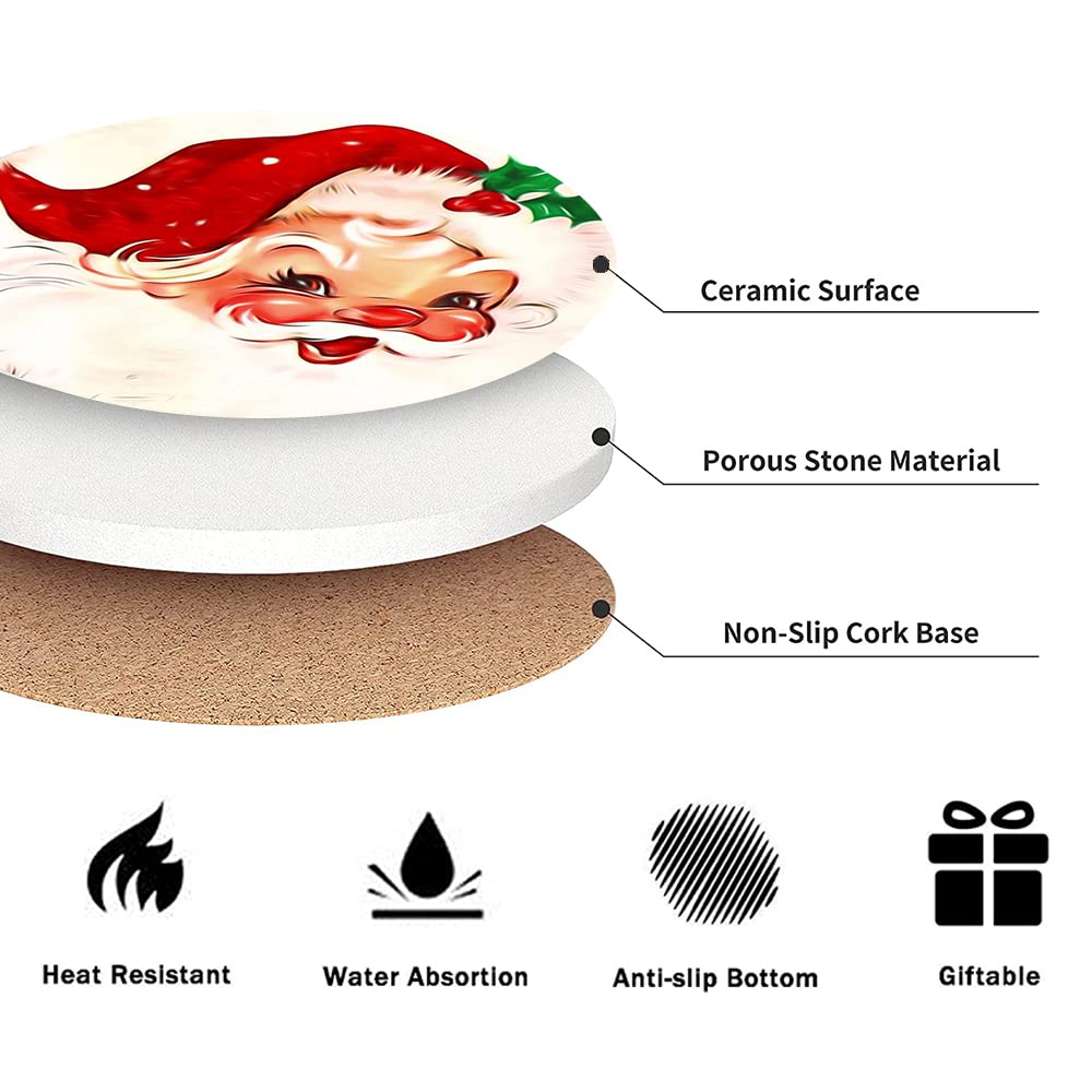 Coasters for Drinks, Round Absorbent Ceramic Stone Coaster Sets of 6 with Metal Holder Stand, Vintage Santa Claus