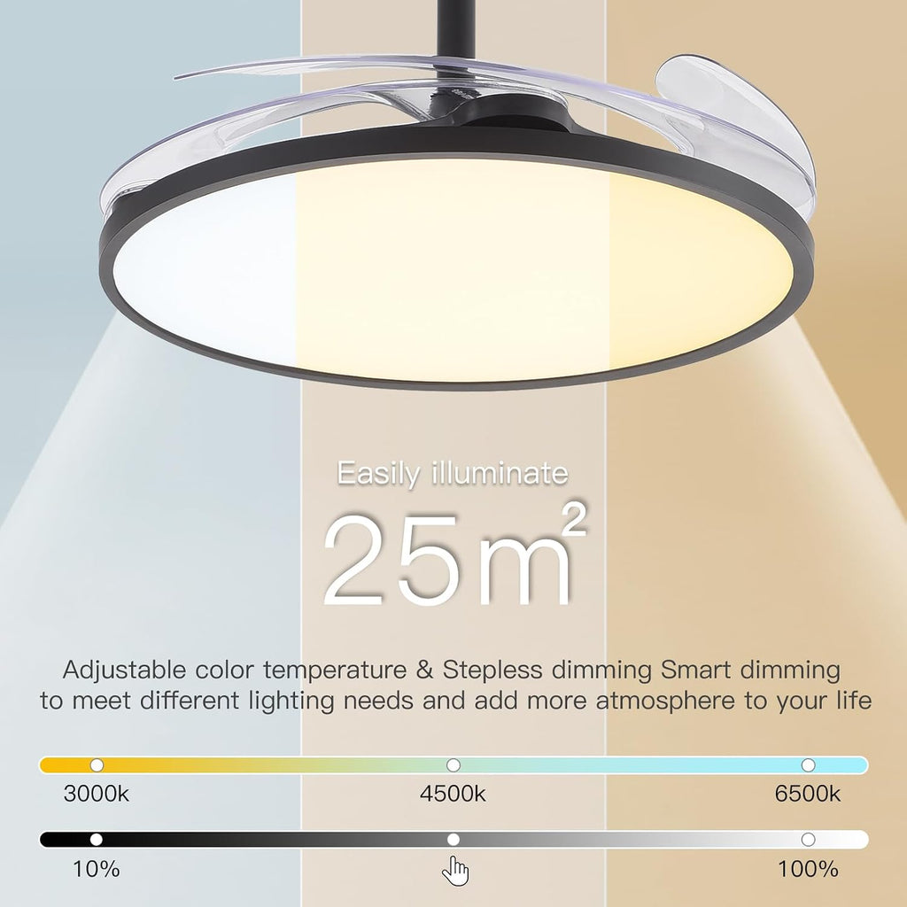 48'' Retractable Ceiling Fan with Remote Control,Bladeless Ceiling Fan with LED Lights,Stepless Full