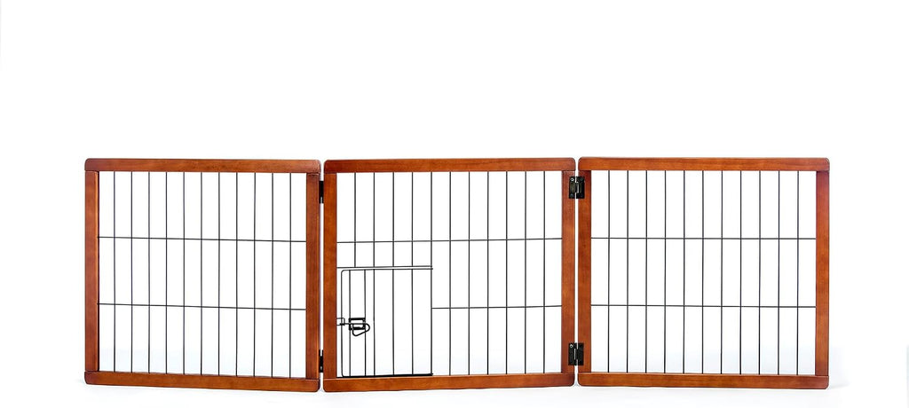 22"-62" Super Wide Dog Gate with Small Pet Door, Premium Wooden 3-Panel Pet Gate for Doorways & Hallways