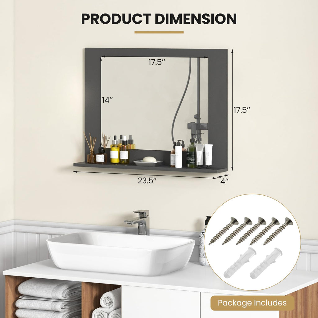 Bathroom Mirror with Shelf, 23.5" x 17.5" Rectangle Wood Frame Bathroom Vanity Mirror for Over Sink, Wall Mounted
