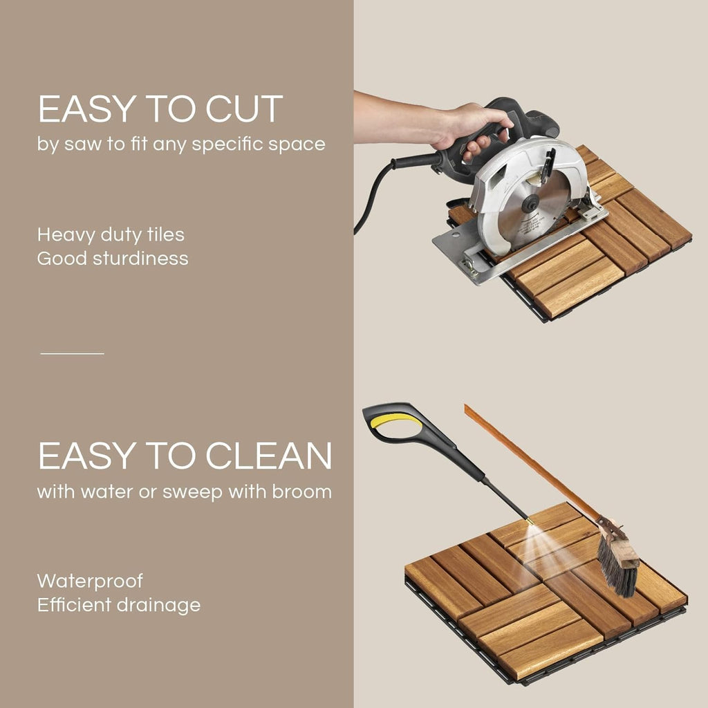 Premium Deck Tiles, Patio Flooring - Set 10 Pcs 12”x12”x0.9” Interlocking Deck Tiles, Waterproof Acacia Wood for