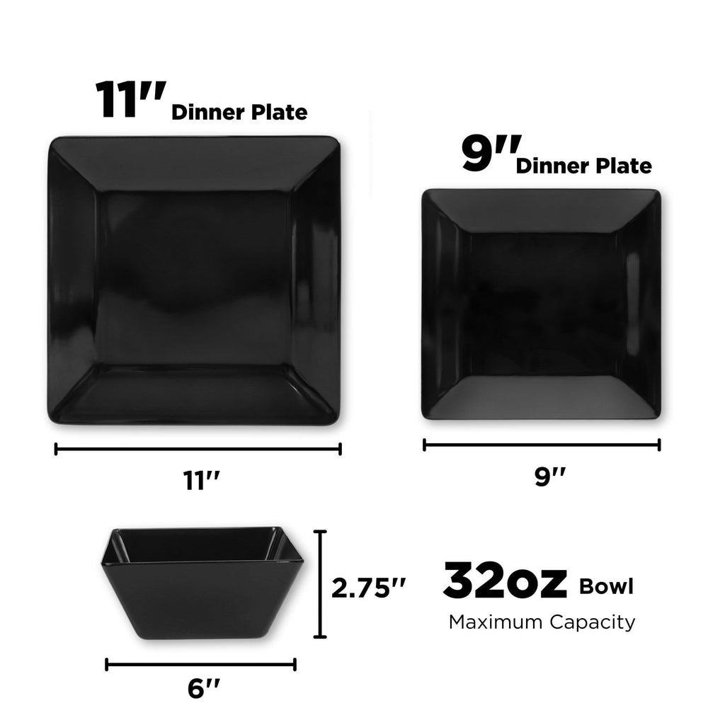 TP 12-Piece Melamine Dinnerware Sets, Square, Service for 4, Black