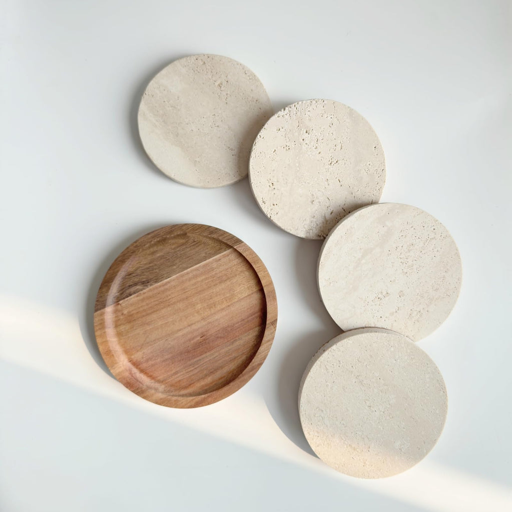 4" Round Natural Travertine Marble Coasters with Cork Backing, Stone Drink Coasters Set of 4, Wedding, Housewarming