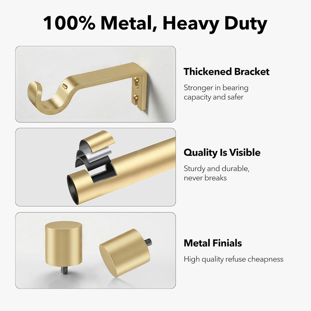 Heavy Duty Curtain Rods for Windows 66 to 120 Inch, 1 Inch Gold Curtain Rod Adjustable, Decorative Long Curtains Rods