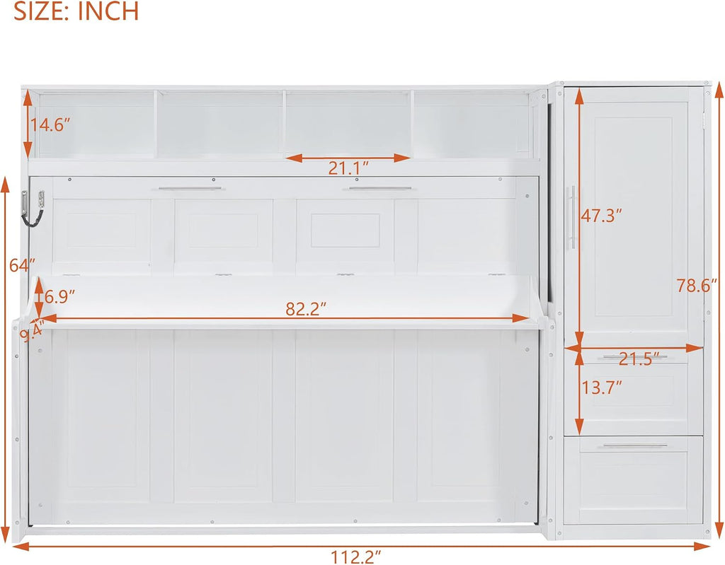 Queen Horizontal Murphy Bed with Desk, Wardrobe, Storage Drawers & Shelves, White