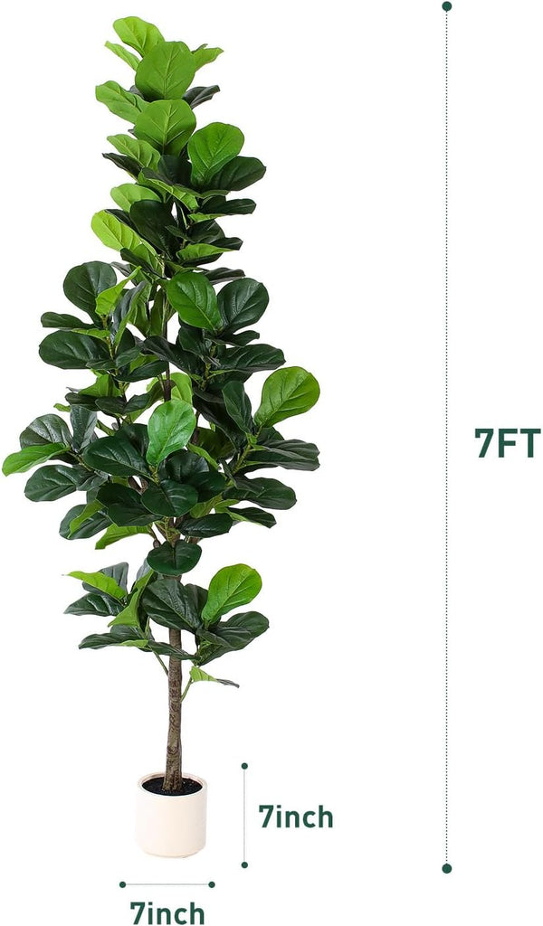 Artificial Fiddle Leaf Fig Tree 7FT with Planter Faux Trees Indoor Tall Artificial Tree, Stable Base, 128 Realistic