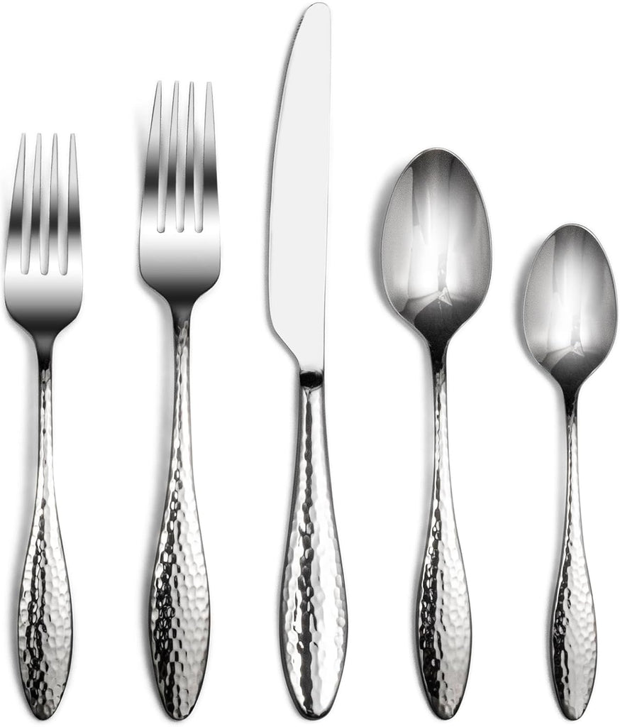 Emma 40-Piece 18/10 Silverware Set, Hammered Flatware Set, Heavy Duty Stainless Steel Cutlery Set