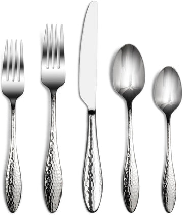 Emma 40-Piece 18/10 Silverware Set, Hammered Flatware Set, Heavy Duty Stainless Steel Cutlery Set
