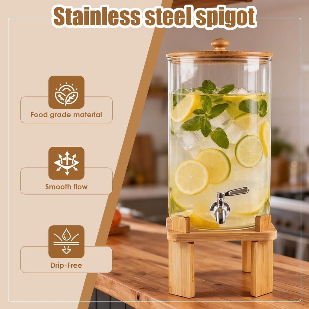 2.3 Gallon Large Glass Drink Dispenser for Parties, with Wood Stand, Juice & Lemonade Dispenser, Iced Beverage