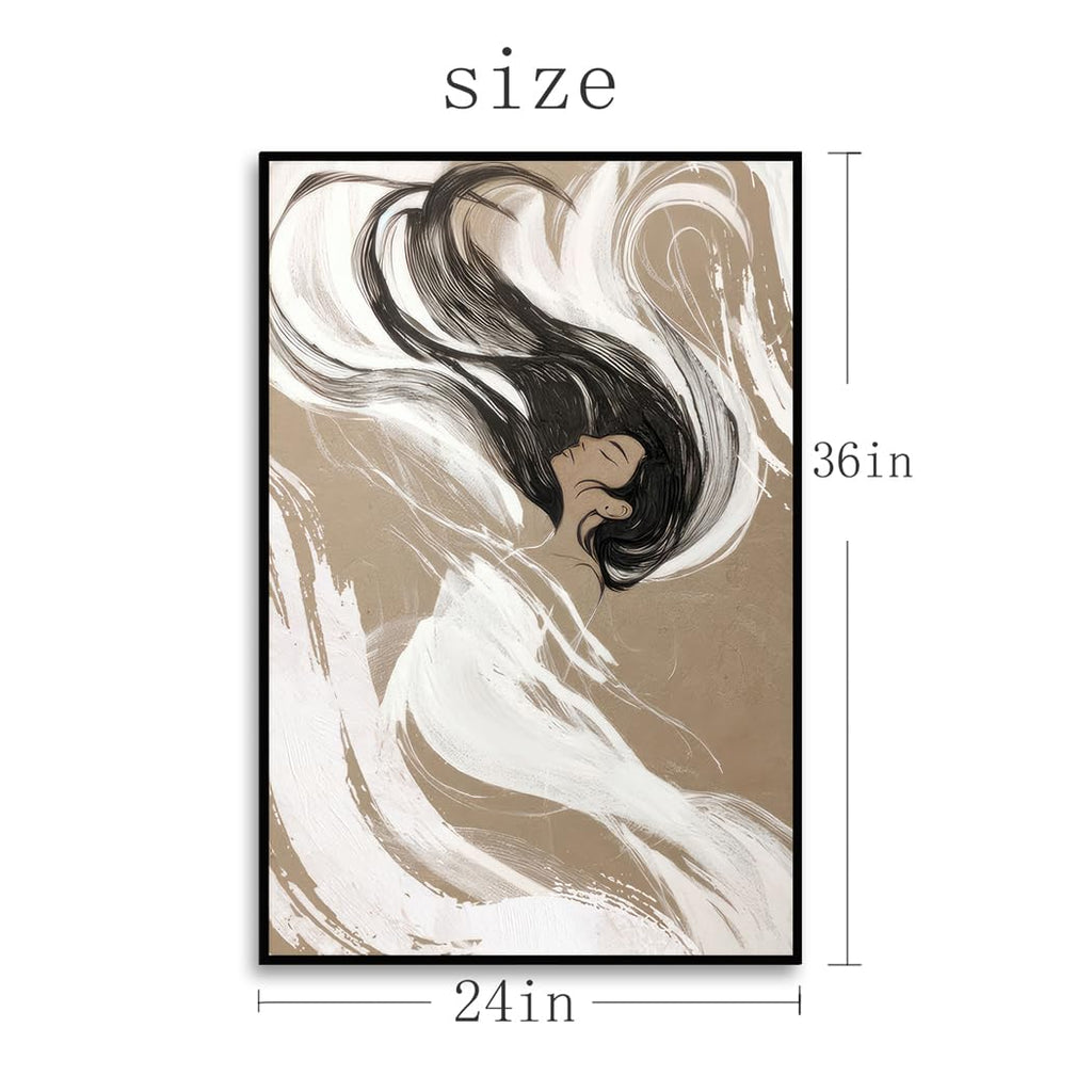 Framed Woman Decor Wall Art - 24 x 36 Abstract Modern Tan Beige Female Portrait Pictures Canvas Print Living Room