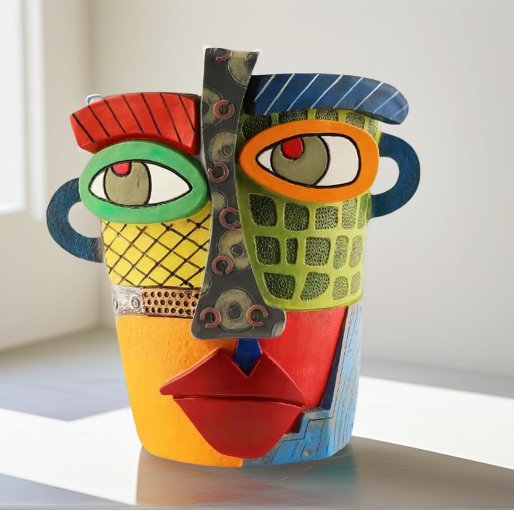 Picasso Abstract Face Flower Pot, Unique Resin Crafted Planter with Drainage Holes, Interesting Colorful Planter with