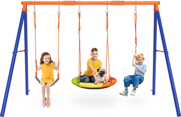 Swing Sets for Backyard, 3 Seats with Saucer, Belt and Disc Swing