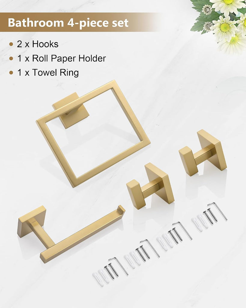 Brushed Gold Bathroom Accessories, Toilet Paper Holder, Towel Ring & Hooks | Bathroom Hardware Set, Toilet Paper