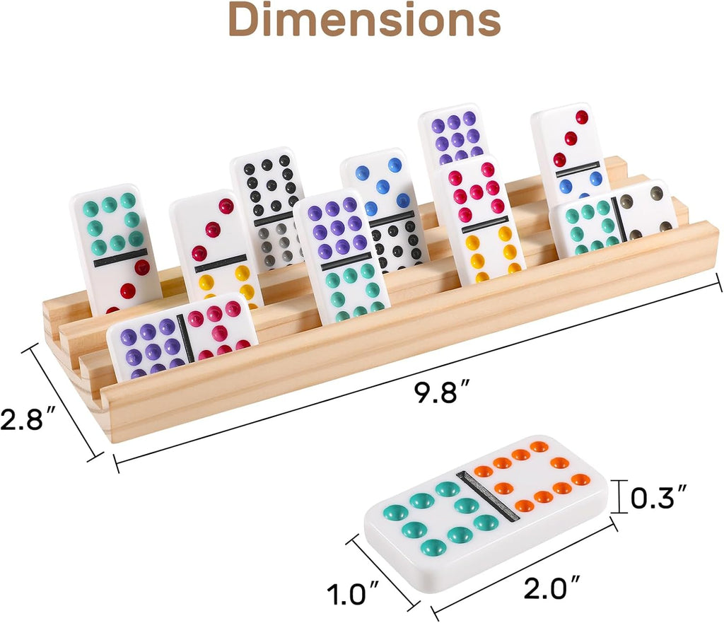 Mexican Train Dominoes Set with 4 Wooden Trays/Racks, Double 12 Dominos Travel Set with 4 Domino Tiles Holders, 91