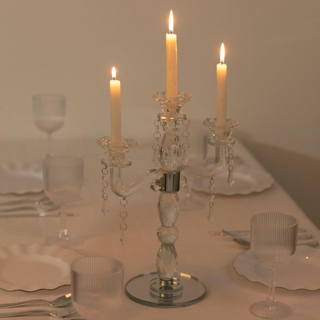 Crystal 3-Arm Candelabra Taper Candle Holder with Hanging Prisms & Round Mirror Base - Faceted Cut Glass Design - 14"