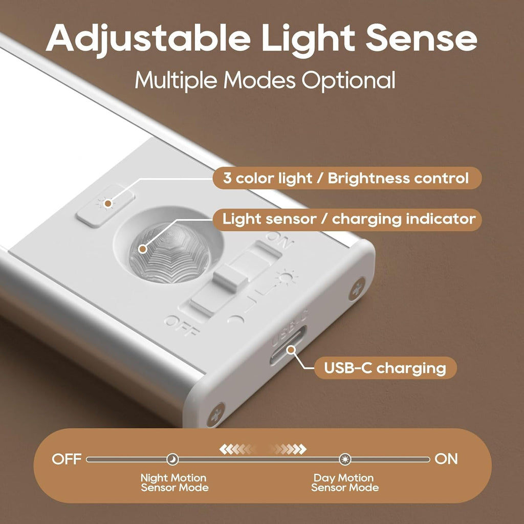 2 Pack Under Cabinet Lighting, 3 Color Temperatures Motion Sensor Light Indoor, LED Rechargeable Cabinet Lights