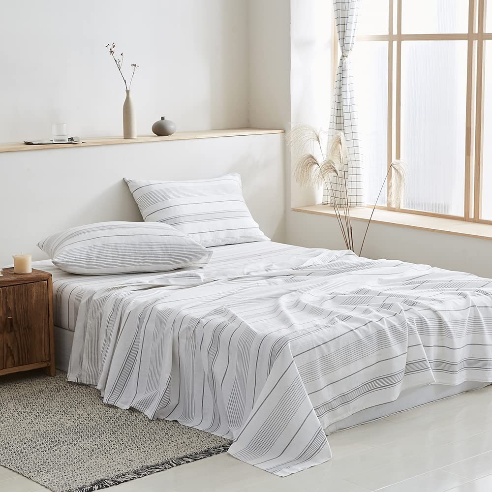 Linen Sheet Set 4 Pieces Natural Flax Cotton Flannel Sheets 14" Deep Pocket Horizontal Stripes Printed Soft