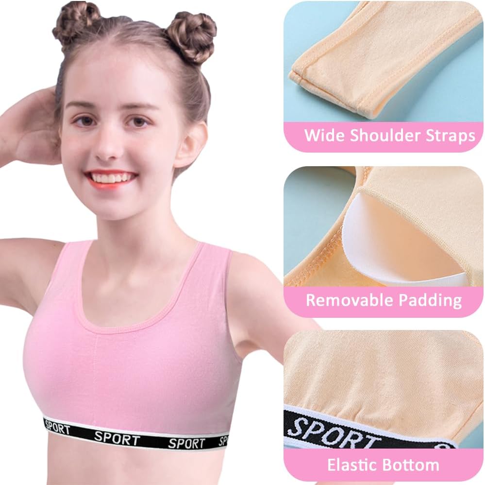 Girls Sports Bras Cotton Training Underwear with Removable Pads Teenage Crop Vest