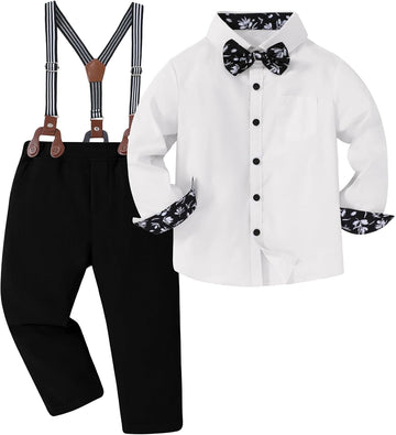 Boys Dress Clothes Wedding Ring Bearer Outfit Boy Formal Suits Dress Shirt with Bow Tie +Suspender Pants Set