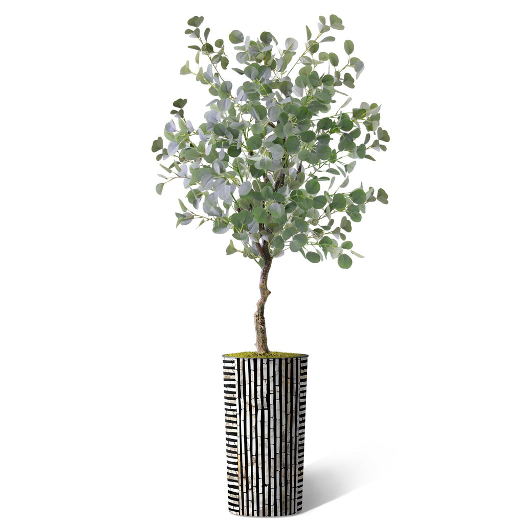 Artificial Tree in Black and Brown Striped Planter, Fake Eucalyptus Silk Tree for Indoor and Outdoor Home Decoration