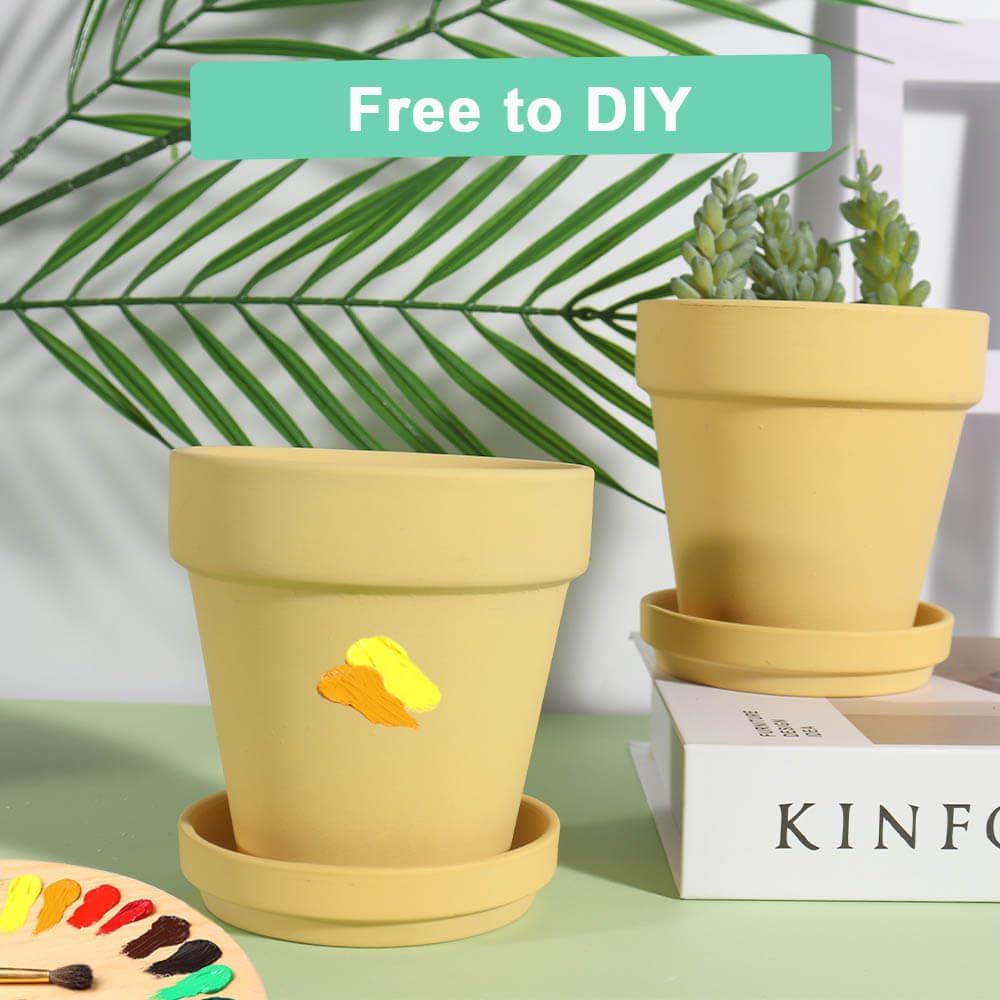 6 Inch Yellow Terracotta & Clay Pots with Saucer, 4 Pack