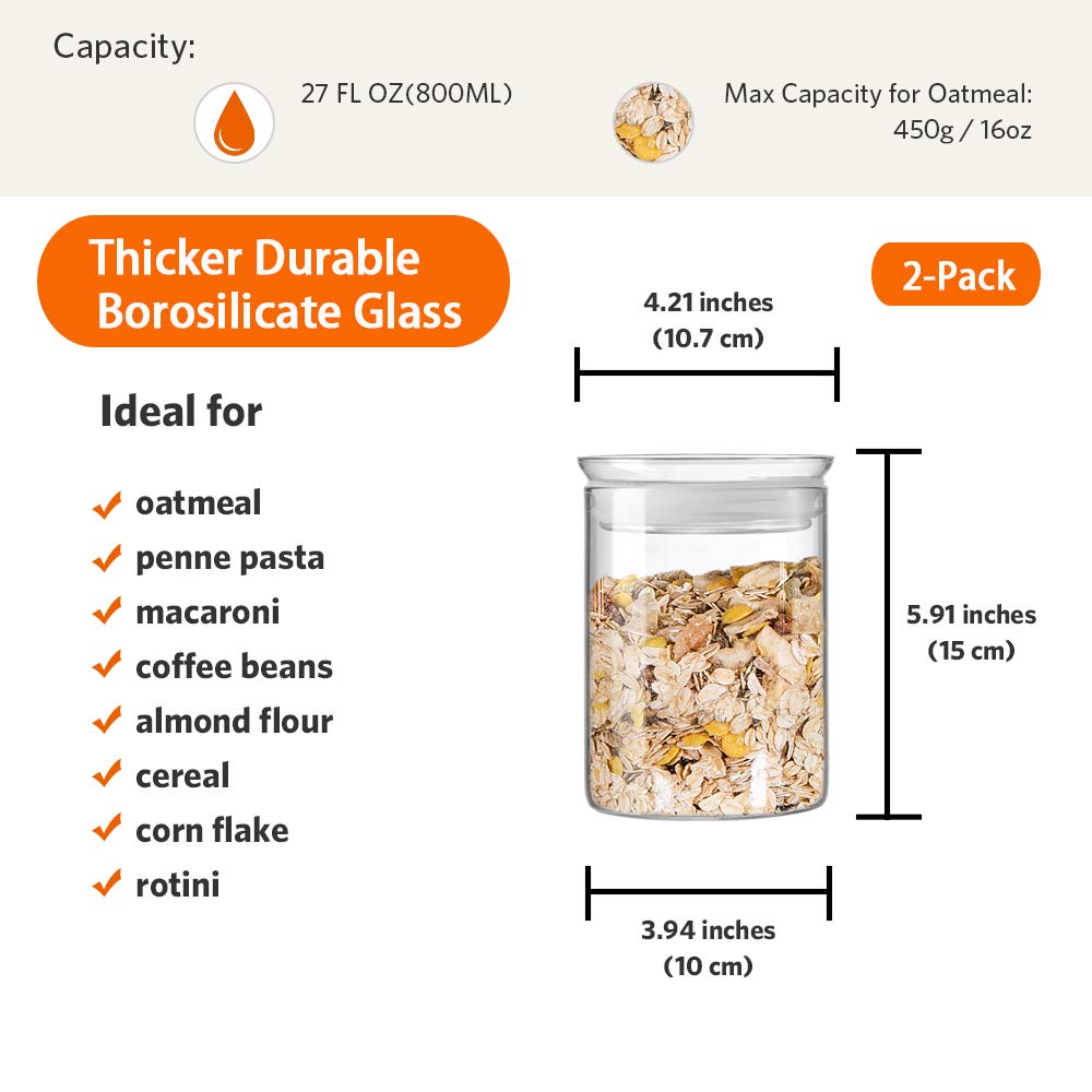 27oz Glass Jars with Airtight Lid Set of 2, Clear Glass Storage Containers, Glass Kitchen Canisters with Airtight