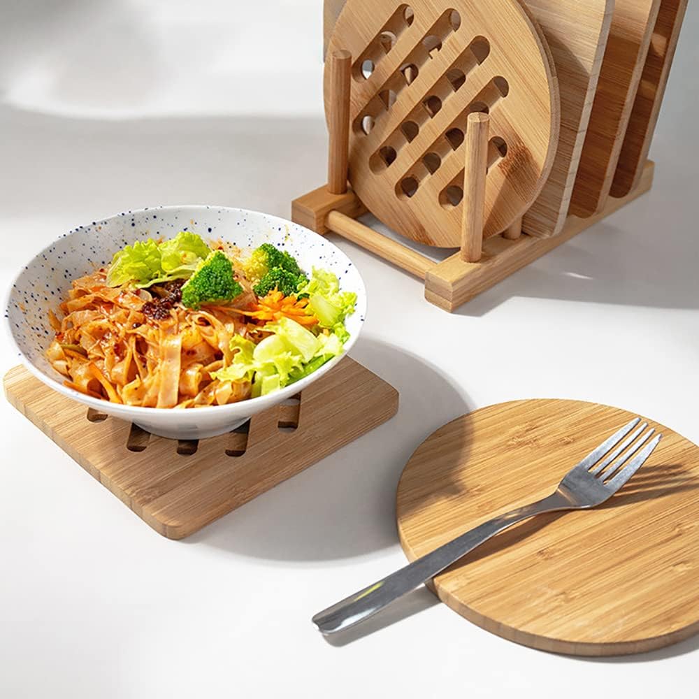 Bamboo Trivets with Dish Rack - Bamboo Trivet Mat Hot Pads Trivet for Hot Dishes, Pot, Bowl, Teapot - Set of 8