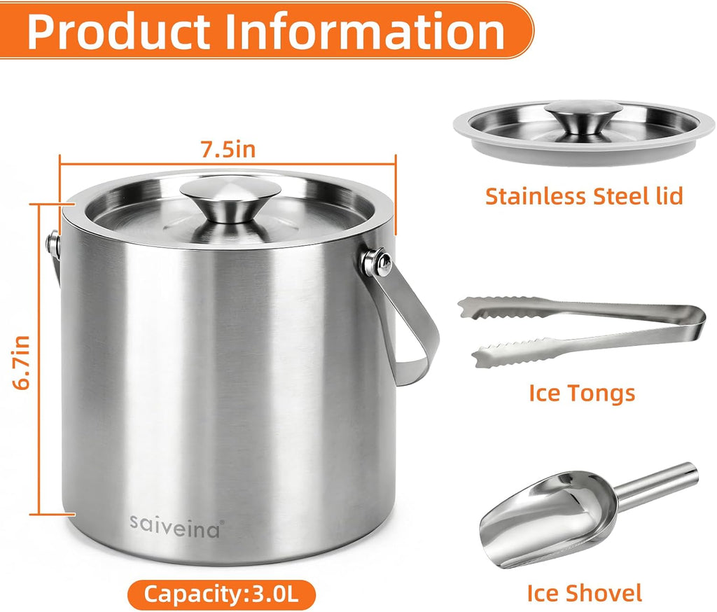 3L Double-Wall Stainless Steel Ice Bucket with Lid, Scoop, Tongs & Handle - Insulated Ice Container for Parties, Bar