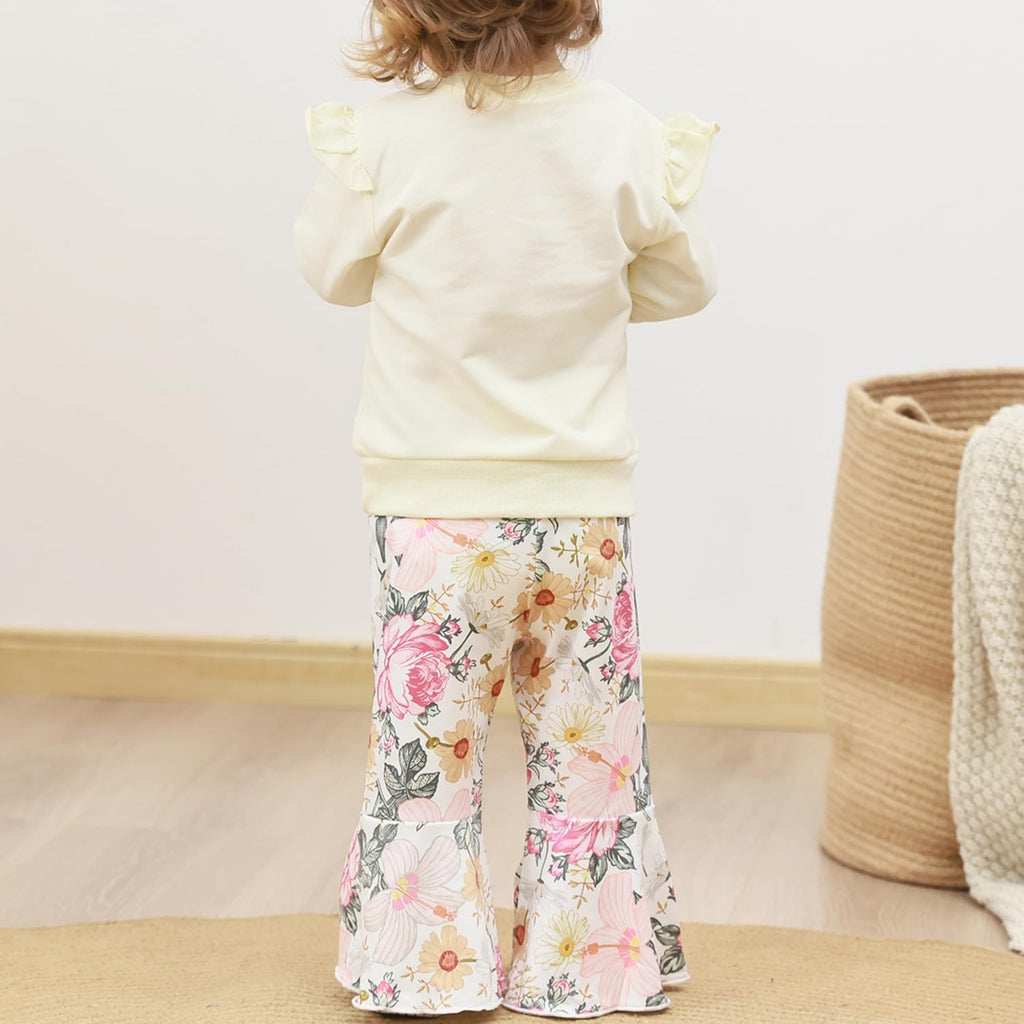 Toddler Baby Girl Fall Winter Clothes Ruffle Sleeve Sweatshirt Tops Floral Bell Bottom Pant Outfits