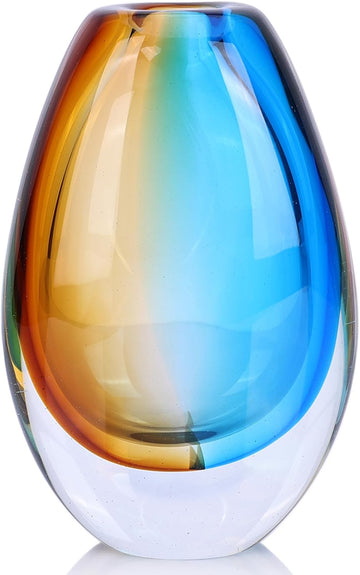 Hand Blown Art Glass Vase, Murano Inspired vase, Amber Blue Decorative Accent with Oval Silhouette for Dining Table