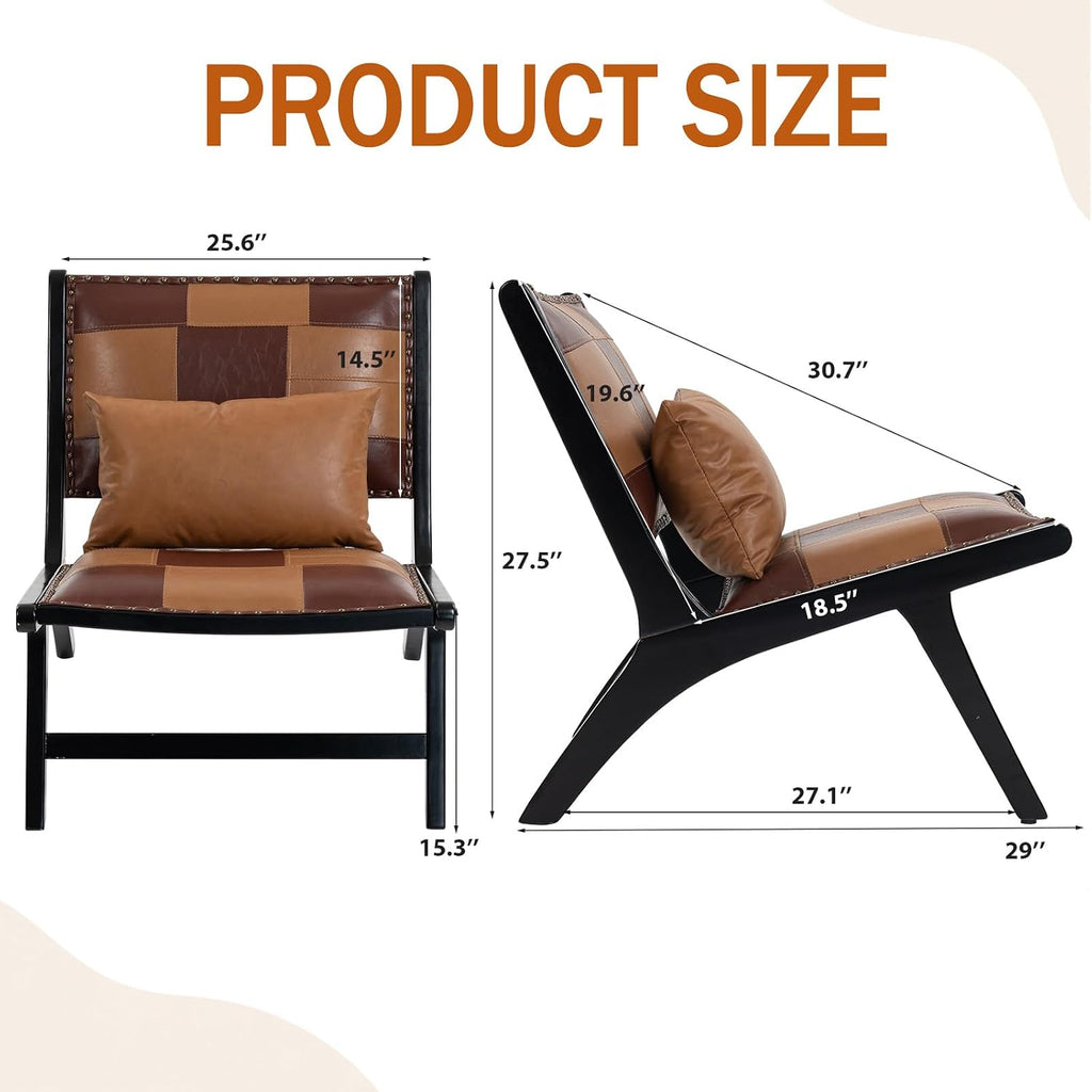 Modern Boho Accent Chair, Mid Century Lounge Chair with Solid Wood Frame, PU Leather Side Chair, Designer Small