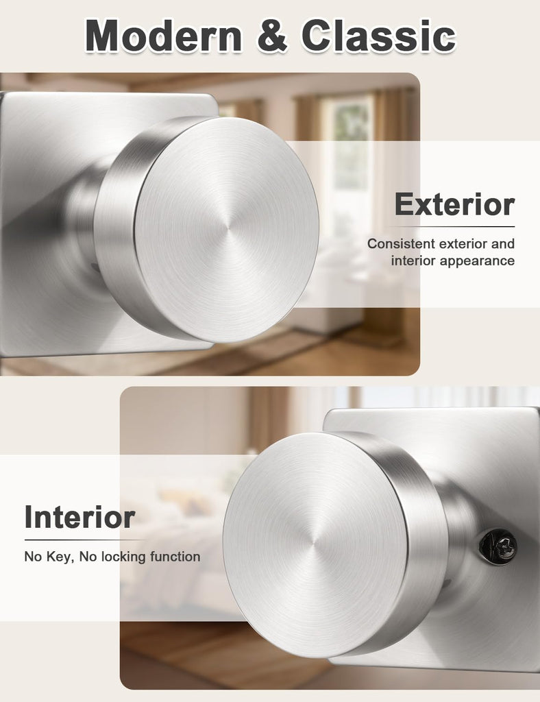 Passage Door Knobs Interior 5 Pack, Modern Keyless Closet Hallway Door Handles Inside, Square Panel Doorknobs with