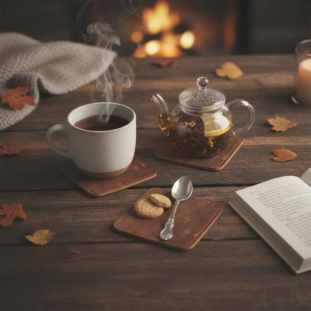 Coaster (3.5 inch) Geniune Leather Tea Coasters for Hot Water, Coffee, Beverage Beer Tea Cup Wine Luxarious - Set of 6
