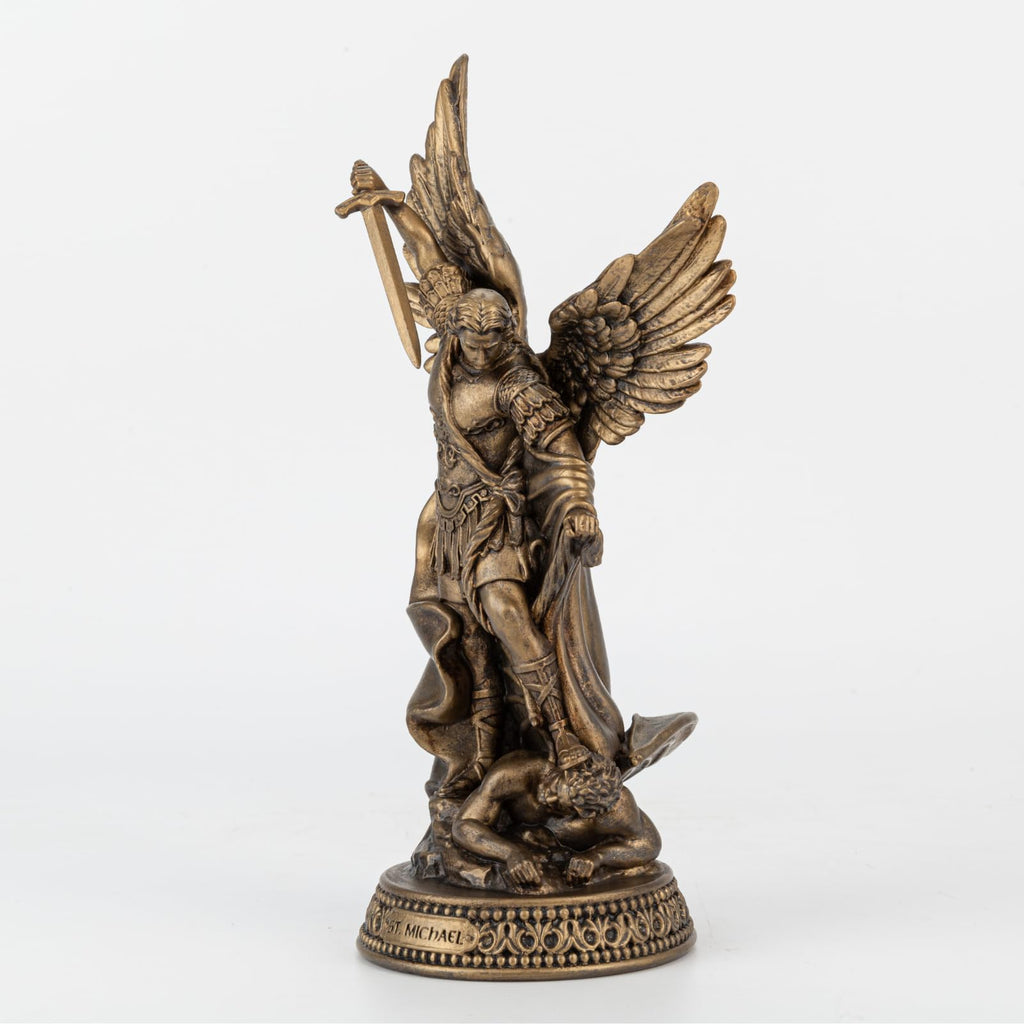 8" H Saint Michael Statue Painted in Black Bronze Finish, Resin San Miguel Figurine with Name Plate, Great Protector