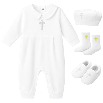 4 Pcs Baby Boy Baptism Outfits with Cross Christening Outfit Jumpsuit Hat Shoes Socks for Newborn Infant Boys(6-12