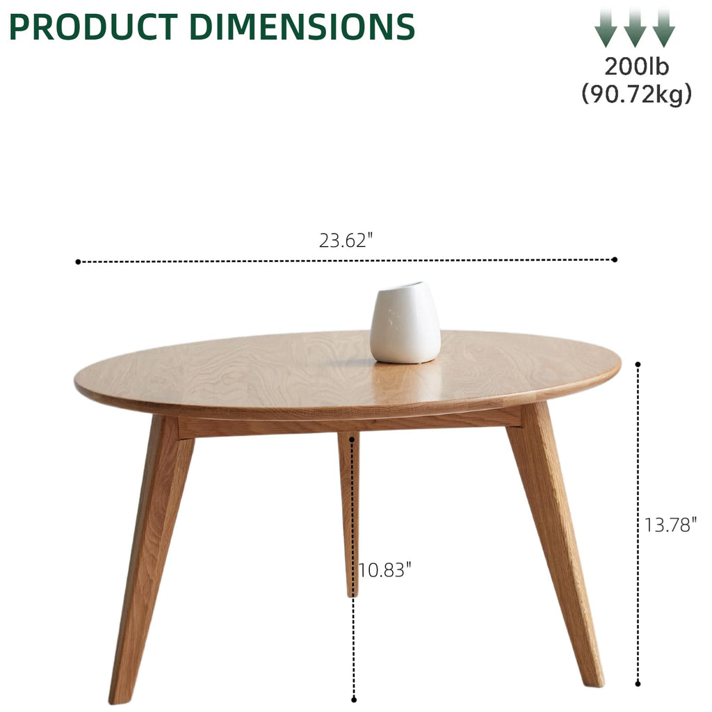 100% Solid Oak Wood Mini Coffee Table, Round Living Room Table Side Table w/Solid Wood Legs, Natural Minimalist
