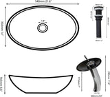 Black Oval Bathroom Vessel Sink Tempered Glass Washing Bowl Combo Above Counter Chrome Waterfall Faucet Pop Up Drain Set