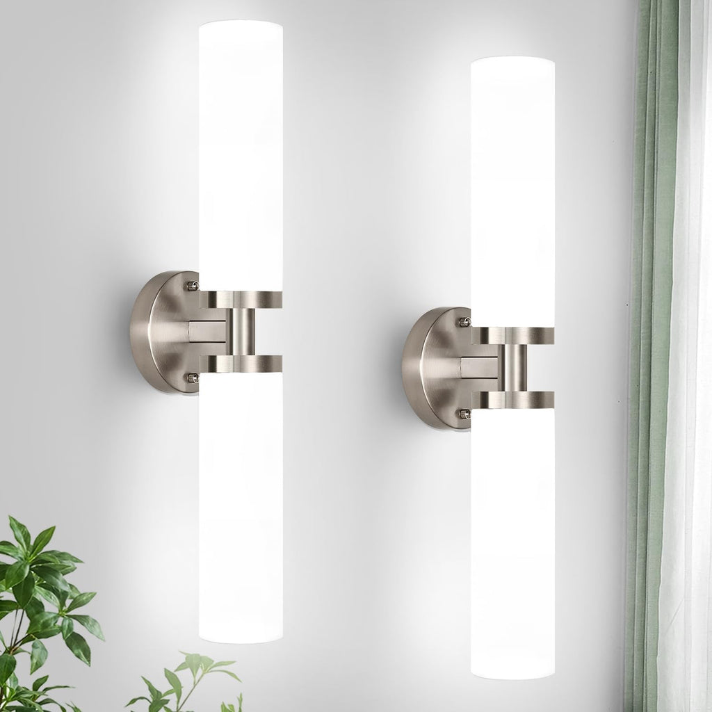 Wall Sconces Set of Two, Brushed Nickel Gold Bathroom Sconces Wall Lighting with Milky White Glass, Hardwired Modern